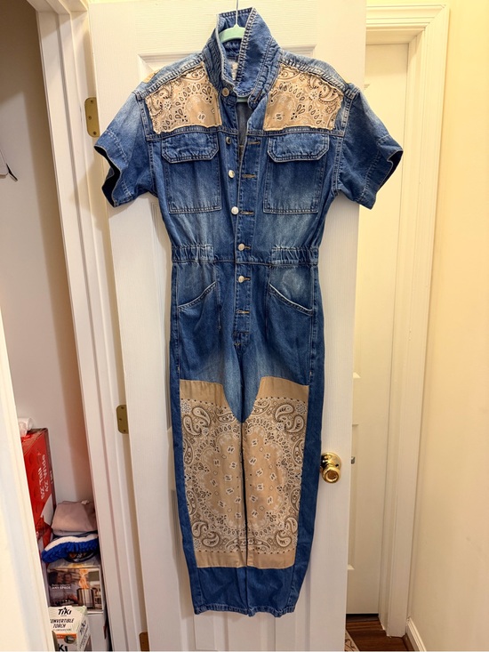Tricia Fix Pants - Tricia Fix x we the free Blue Denim Jumpsuit with Tan Bandana Panels